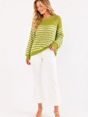 Coldwater Creek Lime Green & White Striped Open-Knit Sweater Small